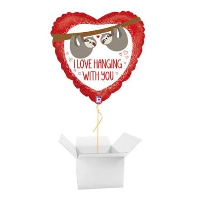 Image of Happy Valentine&#039;s Day Helium Foil Balloon Inflated in a Box (I Love Hanging With You Sloths, 1)