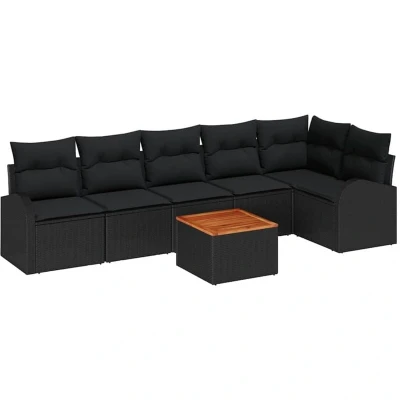 Image of vidaXL 7 Piece Garden Sofa Set with Cushions Black Poly Rattan Acacia