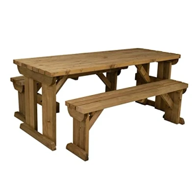 Image of Arbor Garden Solutions Wooden picnic table and benches set, Yews compact patio furniture set (7ft, Rustic Brown)