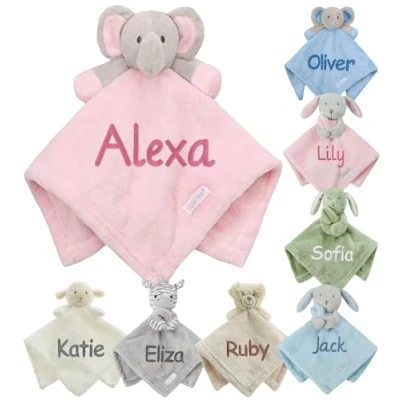 Image of Personalised Baby Comforter Blanket Newborn Christening Shower Gift Boy Girl Keepsake Soft Snuggly Toy Blankie (Pink Elephant)