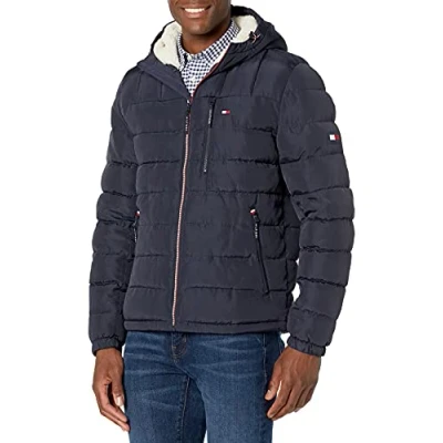 Image of Tommy Hilfiger Men&#039;s Midweight Sherpa Lined Hooded Water Resistant Puffer Jacket, Midnight Tech, S