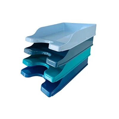 Image of Deflecto Cool Breeze Set of 4 x A4 Continental letter tray organiser In Deep Blue and Aqua Tones paper holder storage desk trays CP130YTCB