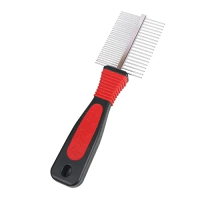 Image of WOLMIK Dog &amp; Cat Comb Pet Grooming Combs, Double Row Stainless Steel Dogs Comb, Combs for Small Medium and Large Pets, Fur Detangling Tool Black Red