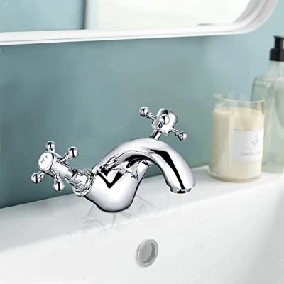 Image of Aquariss Traditional Victorian Monobloc Basin Mixer Tap Vintage Chrome Dual Cross Handle Bathroom Faucet