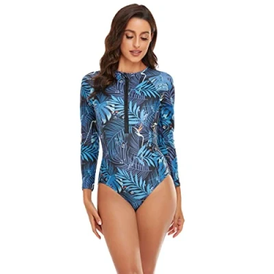 Image of Beachkini One Piece Swimsuit for Women Long Sleeved Swimwear with Front Zip Triangle Swimsuit,11 Blue,S