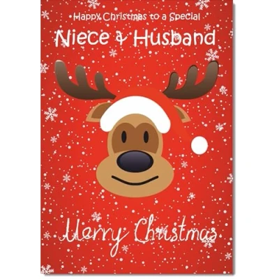 Image of doodlecards Niece and Husband Christmas Card Rudolph on Red Background Medium Size for &amp; with Plain Envelope