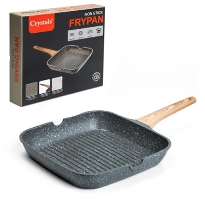 Image of Crystals Non Stick Grilled Pan Induction Griddle Cooking with Wooden Handle Grill Steak Frying 30cm Coating Suitable for All Hobs