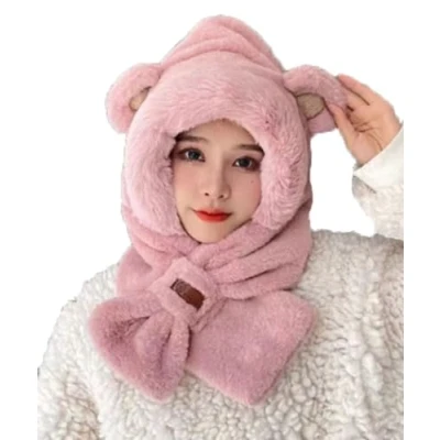 Image of New Knitted Faux Fur Trim Animal Ear Balaclava Hood Scarf Beanie Hat Fluffy (Pink with Ears)