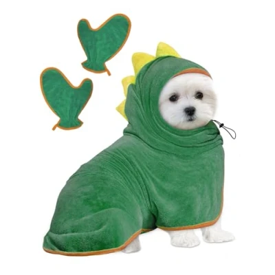 Image of Bibykivn Dog Bathrobe, Microfiber Clothing Soft Towel for Dinosaur Animals, Drying Your After Swimming and Bathing (Green, S)