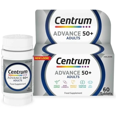Image of Centrum Advance 50+ Multivitamin Tablets for Men and Women, 60 Tablets, Vitamins with 24 Essential Nutrients including Vitamin C, D Zinc (Packaging Tablet colour may vary slightly)