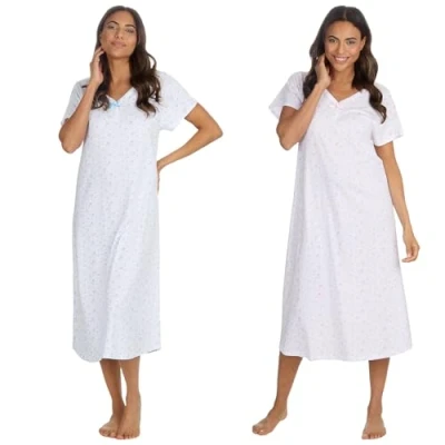 Image of INSIGNIA Womens Pack of 2 Short Sleeve Long Pure Cotton Jersey Nightshirts Nighties (Pink Blue Floral, 18 20)