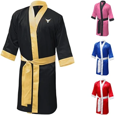 Image of Mytra Fusion boxing gown full length robe satin dressing (Black, Small)