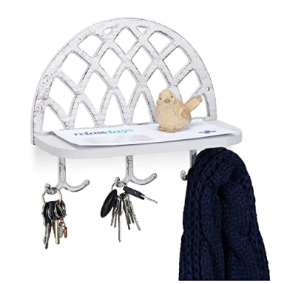 Image of Relaxdays Coat Rack, Shelf &amp; Hooks, Vintage Key Storage, Cast Iron, Wood, HWD: 23x27x12 cm, white, Pack of 1, Off 10028987_49