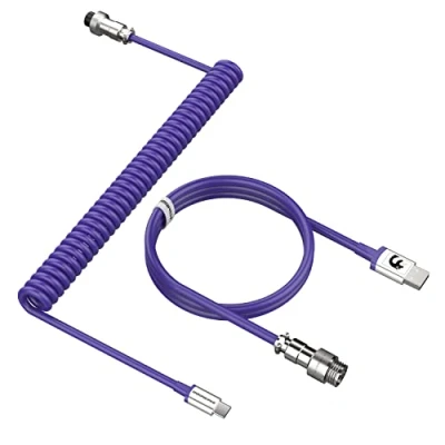 Image of MAMBASNAKE C01 Coiled Keyboard Cable, Pro Custom USB C Aviator Cable for Mechanical Keyboard, Type to A, TPU Spring with Detachable Metal Aviation Connector PC Gaming Purple
