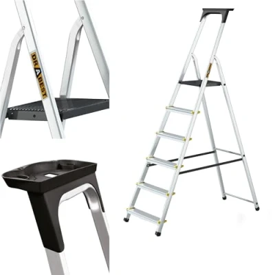 Image of Drabest PRO SERIES Ladders Aluminum Step Ladder 6 Household 150 KG with Non Slip Feet &amp; Work Platform Multi Purpose Comes Toolshelf 48x191x12 cm