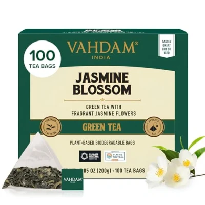 Image of VAHDAM, Jasmine Green Tea Bags (100 Count) Med Caffeine, Non GMO &amp; Gluten Free High Grown Blended w/Pure Flowers Resealable Ziplock Pouch