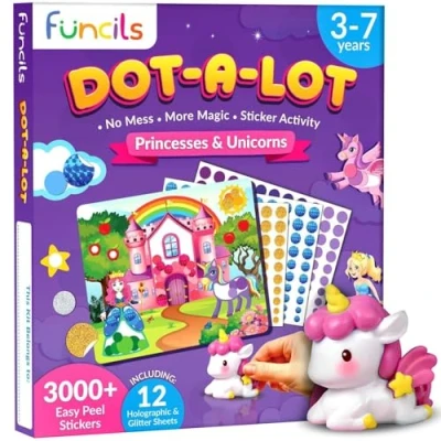 Image of Funcils Dot Art Activity Unicorn &amp; Princess Sticker Kit, Toddler Arts Crafts for Kids, Stocking Stuffers, Christmas Gifts Boys Girls Ages 3, 4, 5, 6, 7 Year Old Travel Activities Toys
