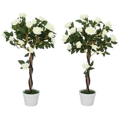 Image of Outsunny Set of 2 90cm/3FT Artificial Rose Tree, Fake Decorative Plant with Pot, Indoor Outdoor Faux Decoration Home Office Décor, White