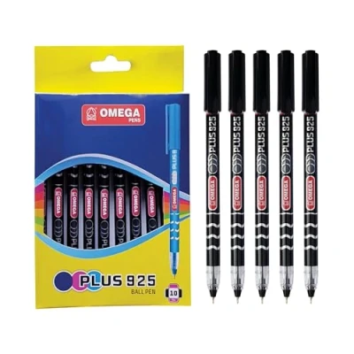 Image of OMEGA Plus 925 Ballpoint Pens, BLACK, Fine Point (0.7 mm), Pack of 10, Smooth Ball Multipack, Perfect for School Office Home Everyday Use