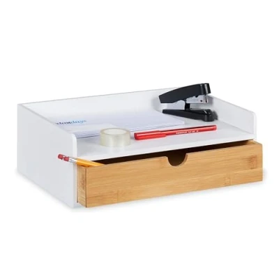 Image of Relaxdays Bamboo Desk Organizer, 1 Drawer, DIN A4 Shelf, Office White/Natural