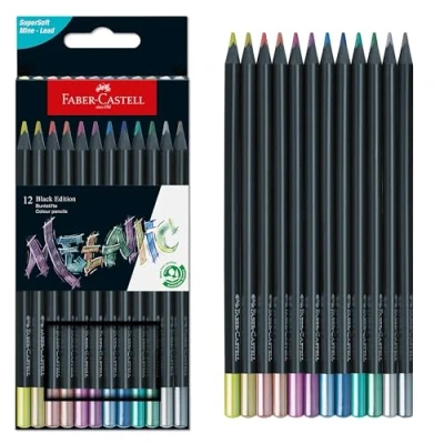 Image of Faber Castell Black Edition Metallic Colored Pencils: 12 Count, Wood and Super Soft Core Lead Pencil Set, Pencils, Coloring Pencils for Kids, Beginners, Artists
