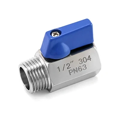 Image of QWORK® Stainless Steel Mini Ball Valve with Reduced Bore, PN63, 1/2&quot; Female x Male Thread, Blue Handle