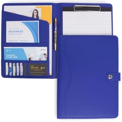 Image of AMKSONS A4 Writing Case in Blue Including Clipboard &amp; DIN Notepad Premium PU Leather Conference Folder with Document Compartments, Pen Holder, Flip Cover and Magnetic Closure (Blue), AMK 0202