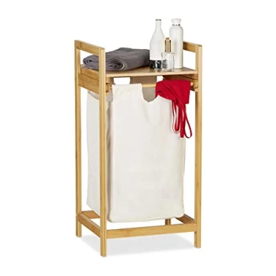 Image of Relaxdays Bamboo Laundry Hamper, Storage Box with Shelf, Pull Out, Square, Portable Clothes Stand, 30 Litres, Natural