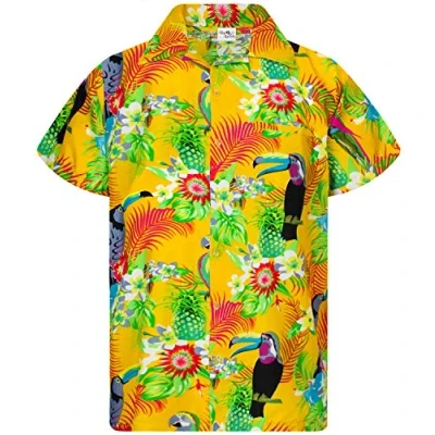 Image of King Kameha Mens Vintage Hawaiian Shirt Casual Short Sleeve Button Down Bird Designs, Parrot Cockatoo, Yellow, 4XL
