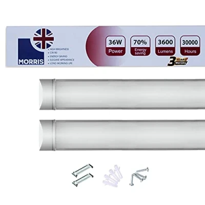 Image of Morris 36w LED Batten Lights 4ft, 120cm, 4000k Natural White, IP20 Fluorescent Strip Light Fitting for Ceiling of Home &amp; Office, Workshop Garage Lighting, Pack 2