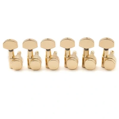 Image of Musiclily Pro 6 in line 15:1 Ratio 2 Pin Full Sealed Locking Machine Heads Tuners Tuning Pegs Keys with Hex Button for SQ Strat Tele Style Electric Guitar, Gold