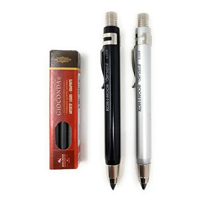 Image of KOH I NOOR 5359 Set of 3, Mechanical Clutch Lead Holder Pencil 5.6mm with Clip silver and black refills 2B