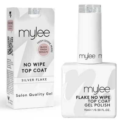 Image of Mylee Nail Gel Polish Flake No Wipe Top Coat 15ml, UV/LED Soak Off Art Manicure Pedicure, Professional, Salon &amp; Home Use, Long Lasting, Easy to Apply, Chips, Durable Safe (Silver Flake)