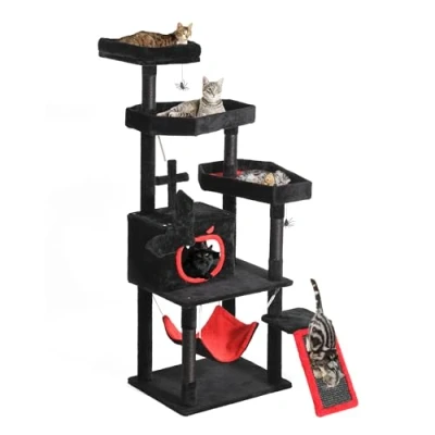 Image of YITAHOME Gothic XL Cat Tree, 160 cm Tall, Stable Tree for Large Cats with 4 Sisal Posts, 1 Scratching Board, Hammock, 2 Spider Hanging Balls, Coffin Bed Platforms, Cave, Halloween, Black
