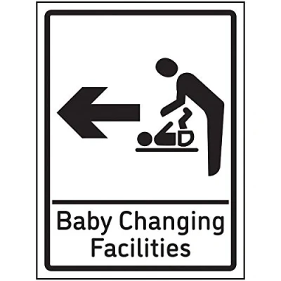 Image of V Safety Baby Changing Facilities Arrow Left Sign 150x200mm 1mm Rigid Plastic