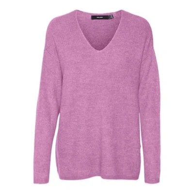 Image of VERO MODA Women&#039;s Vmcrewlefile LS V Neck Blouse Noos Knitted Jumper, Fuchsia Pink/Detail: Melange, XS