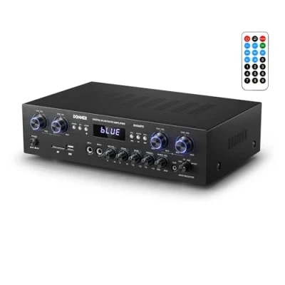 Image of Donner Bluetooth 5.0 Stereo Audio Amplifier Receiver, Peak power 440 W Hi Fi Wireless 4 channel Desktop Amp with USB, SD,FM, 2 Mic IN Echo, RCA, LED, Speaker Selector for Studio, Home Speakers MAMP5