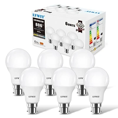 Image of Natural B22 Bayonet LED Bulbs, 8W A60 Light Bulb,60W Equivalent, 4000K Neutral White GLS Bulb B22,806Lm, Energy Saving Bulbs,Not Dimmable(Pack of 6)