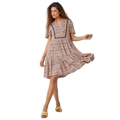 Image of Roman Womens Zig Zag Lace Trim Smock Dress Pink Size 12 UK