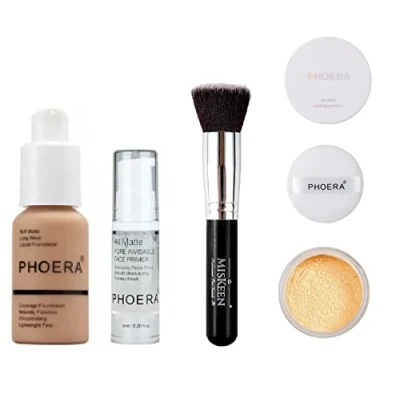 Image of Phoera® Full Coverage Foundation, Primer, Setting Powder and MISKEEN Makeup Brush Soft Matte Oil Control Concealer 30ml Long Lasting Flawless Cream Smooth Aquapurity (105 SAND SET)