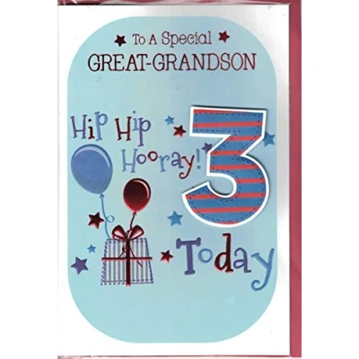 Image of prelude Great Grandson 3rd Birthday Card To A Special 3 Today Present &amp; Balloons Medium Size 23cm x 16cm