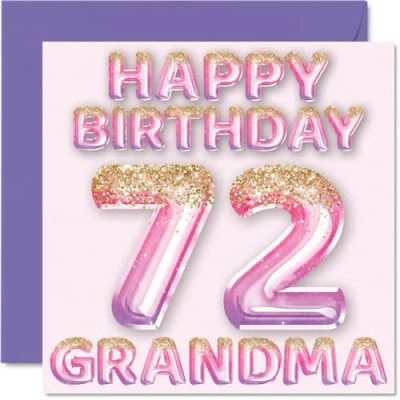 Image of 72nd Birthday Card for Grandma Pink &amp; Purple Glitter Balloons Happy Cards 72 Year Old from Grandson Granddaughter, 145mm x Bday Greeting Gift