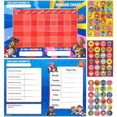 Image of Paw Patrol Kids Reward &amp; Emotion Charts Wipe Clean Set with Stickers Pen for Children Age 3+