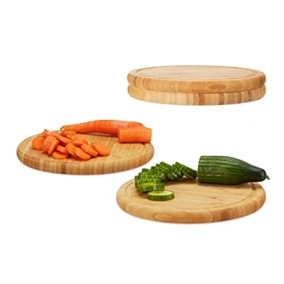 Image of Relaxdays Round Breakfast Set of 4, 30 cm, Robust Kitchen Cutting Board, Natural Serving Tray, Chopping, Platter, Bamboo, 2 x cm