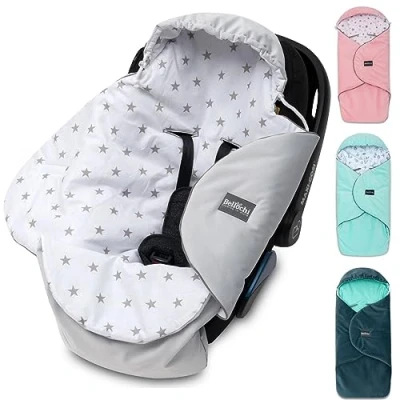 Image of Bellochi Universal Baby Car Seat Blanket for Swaddle with a Hood Made of Soft Cotton and Velvet OEKO TEX Certificate Fitts Maxi Cosi Romer Cybex Grey Stars