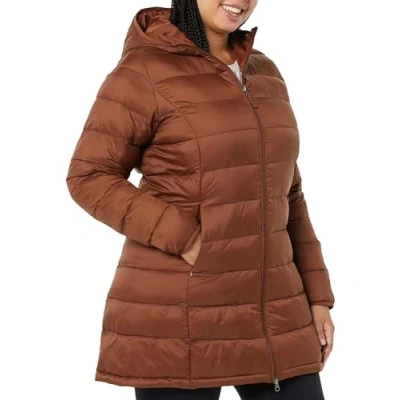 Image of Amazon Essentials Women&#039;s Lightweight Water Resistant Hooded Puffer Coat (Available in Plus Sizes), Dark Toffee Brown, S