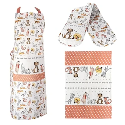 Image of SPOTTED Dog GIFT COMPANY Tea Towel, Apron and Oven Gloves Set of 3, 100% Cotton Quality Themed Cooking Baking Kitchen Accessories, Gifts for Lovers Owners Women Men