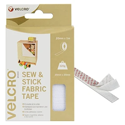 Image of VELCRO Brand Sew &amp; Stick Fabric Tape Cut to Length Strong Hook Loop Self Adhesive Sticky Perfect for Crafting, Clothing Repairs Hemming White 20mm x 1m