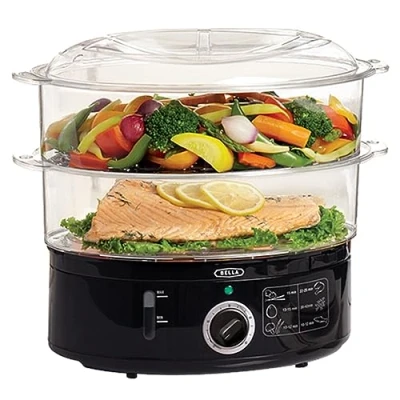 Image of BELLA Two Tier Food Steamer with Dishwasher Safe Lids and Stackable Baskets Removable Base for Fast Simultaneous Cooking, Auto Shutoff Boil Dry Protection, 7 L, Black