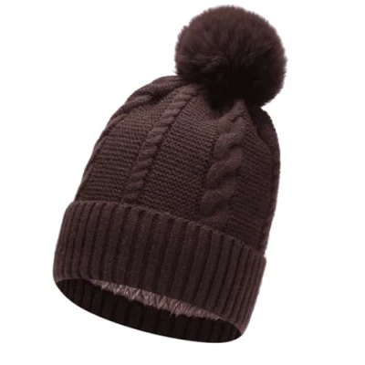 Image of Gadgets Mafia Ladies Warm Chunky Cable Knit Hat with Thermal Teddy Fleece Lining Faux Fur Pompom Winter Beanie for Women (Brown)